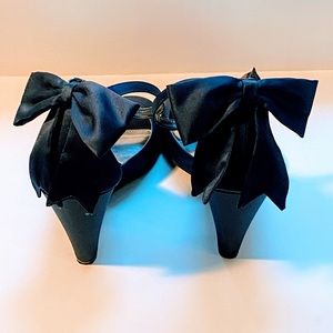 Navy, satin, bow heeled, wedge sandals